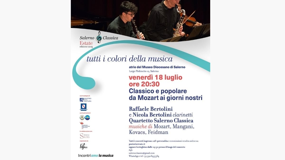 Musica sotto le stelle di Salerno! 🎶 Venerdì 18 luglio alle 20:30, il Museo Diocesano ospita “Tutti i colori della musica”: clarinetti, quartetto d’archi e un programma che attraversa i secoli. 🎟️ Biglietto: €12 📍 Info e prevendite su postoriservato.it ✨ Incontriamo la musica!