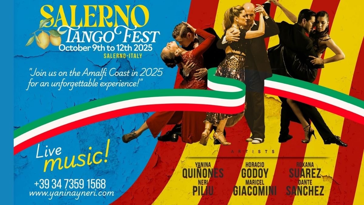 Locandina del Salerno Tango Fest 2025, con maestri internazionali, spettacoli e musica dal vivo dal 9 al 12 ottobre a Salerno, Italia.