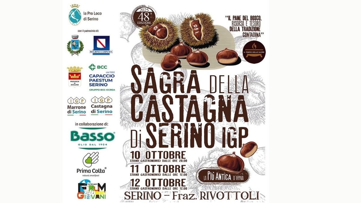 Locandina della Sagra della Castagna di Serino IGP 2025 con date, loghi degli sponsor e immagini di castagne aperte e ricci, evento enogastronomico a Rivottoli di Serino in Irpinia.